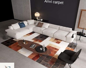 Handmade Cowhide Patchwork Rug, Geometric Leather Carpet, Modern Neutral Area Rug