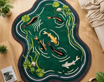 Hand Tufted Wool Pond Rug, Koi Fish Lake Nature Inspired Carpet
