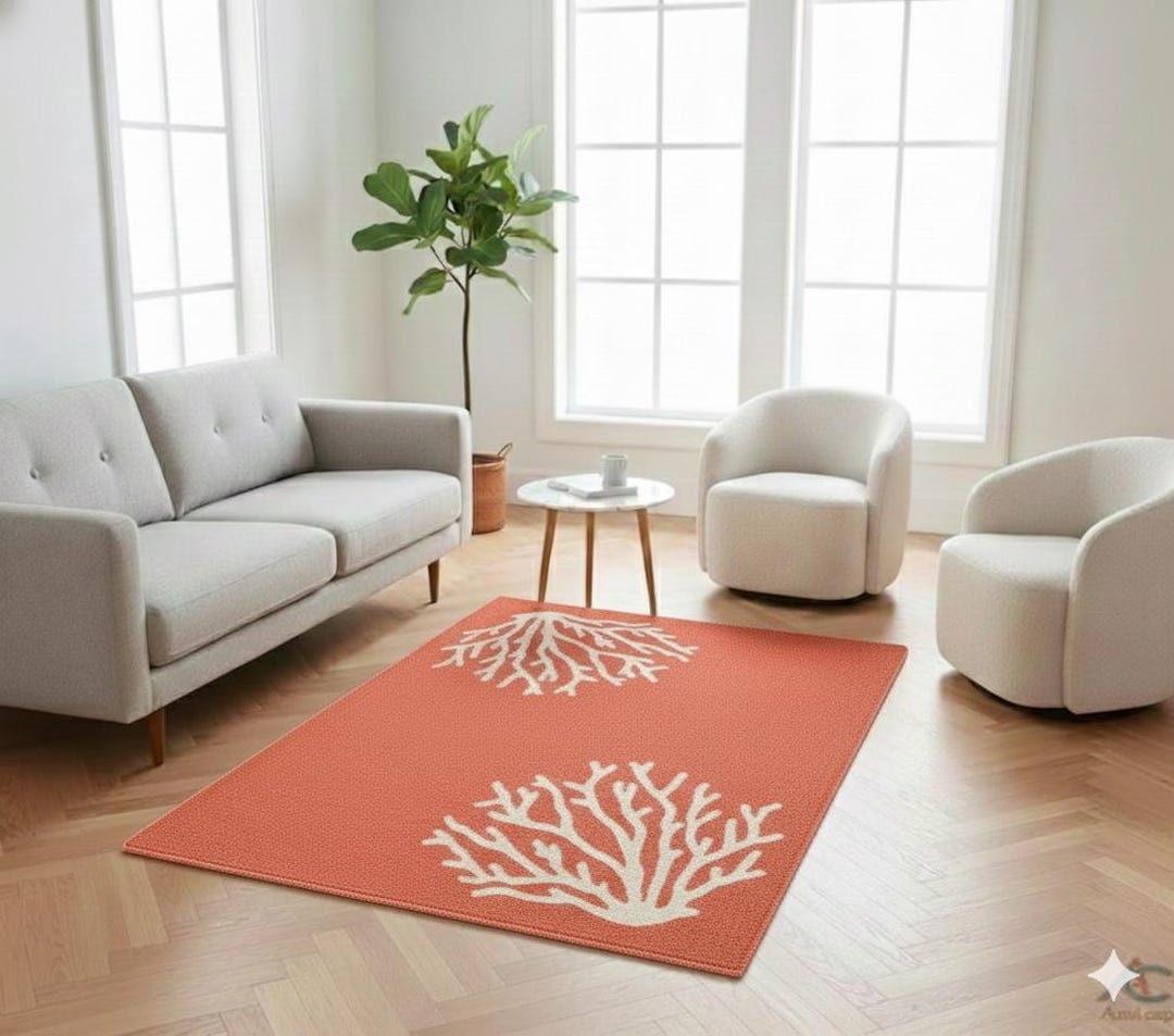 Hand-tufted Coral and Cream Area Rug| Coastal Modern Wool Design ...