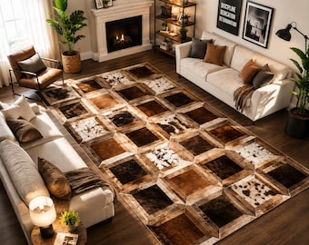 Handmade Patchwork Cowhide Rug, Geometric Leather Area Carpet, Western Home Decor