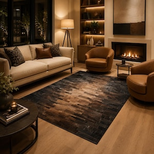 May include: A rectangular area rug with a geometric pattern in shades of brown and black. The rug is placed in a living room with a beige sofa, leather chairs, and a fireplace. The room is illuminated by warm lighting.