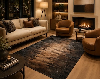 Handmade Cowhide Patchwork Rug, Geometric Leather Area Carpet, Earthy Tones, Luxury Home Decor