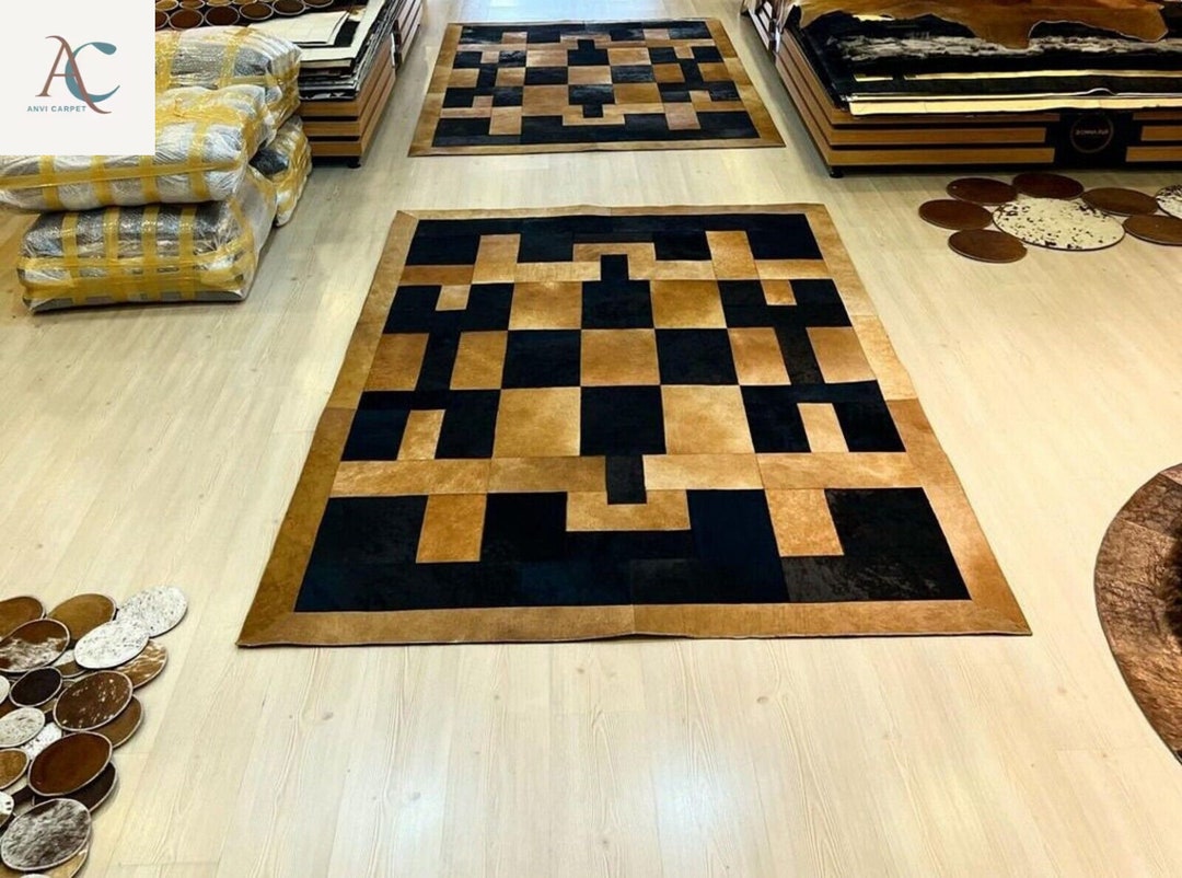 Leather Hide Geometrical Patchwork Area Rug, Grey Tone Cowhide Mix Hand