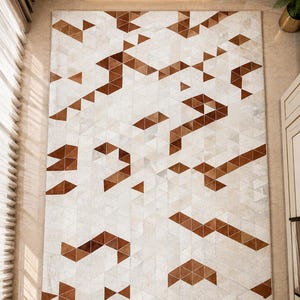 Ivory Brown Cowhide Rug, Abstract Geometric Genuine Leather Patchwork Rug