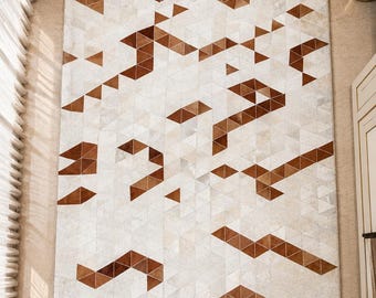 Handmade Cowhide Leather Geometric Patchwork Rug, Ivory Brown Contemporary Living Room Carpet