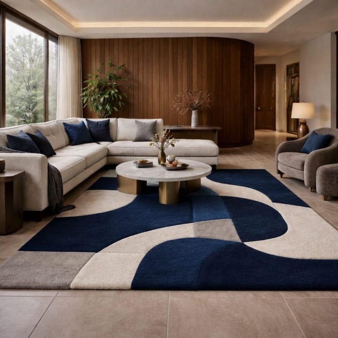 Modern Abstract Blue Beige Wool Rug | Hand Tufted Living Room Carpet - Etsy