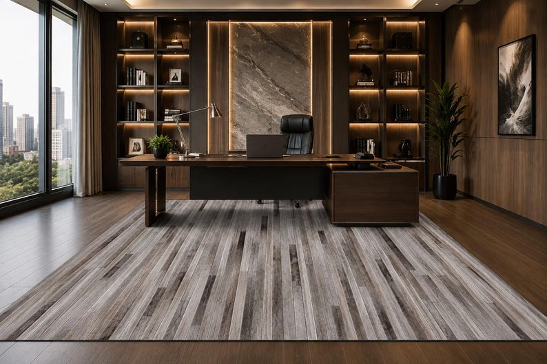 May include: A rectangular area rug featuring a vertical striped pattern in shades of gray, charcoal, and white, mimicking the appearance of weathered wood planks. The rug is positioned on a dark wood floor in a home office with a desk and shelving.