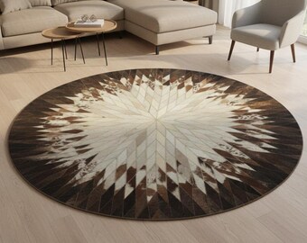 Round Cowhide Rug, Brown Ivory Starburst Genuine Leather Patchwork Rug