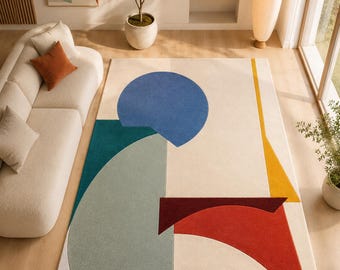 Bauhaus Abstract Wool Rug, Colorful Geometric Area Rug, Handmade Mid Century Modern Carpet, Custom Size Statement Rug