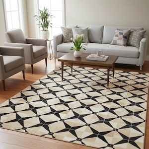 Puede incluir: Un salón con un sofá gris, dos sillones y una mesa de centro. Una alfombra con estampado geométrico en negro, beige y crema cubre el suelo. Cojines decorativos y un jarrón con flores añaden color a la habitación.