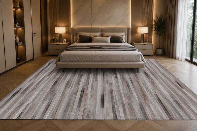 May include: A large rectangular area rug featuring a pattern of vertical stripes in varying shades of gray, white, and brown, mimicking the appearance of weathered wood planks. The rug is positioned on a light-colored herringbone wood floor.