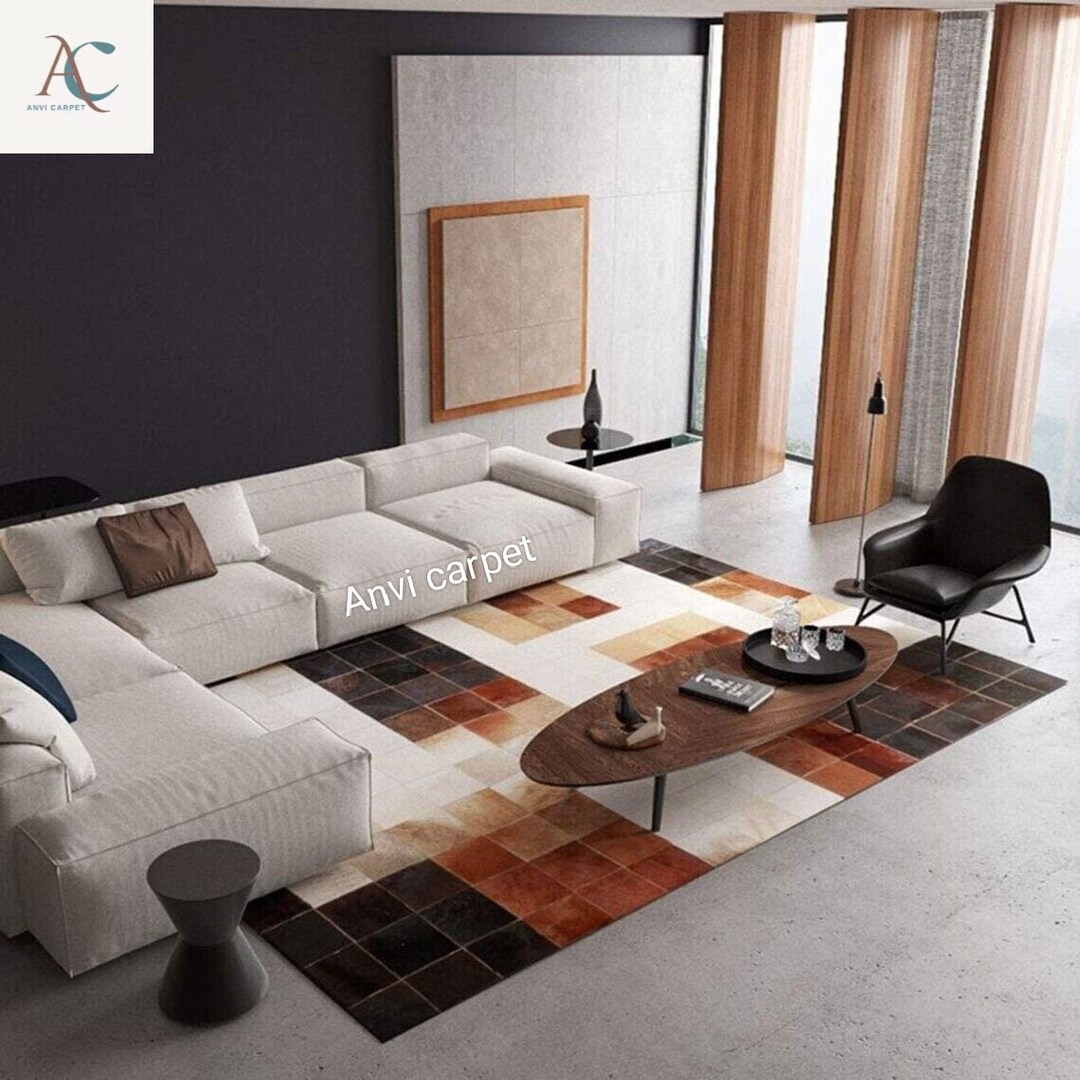 Rectangular Patchwork Cowhide Rug Handcrafted Leather Rug Etsy