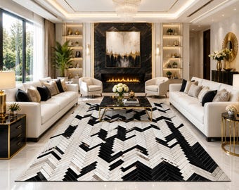 Handmade Black White Cowhide Chevron Rug, Patchwork Hair-on-Hide Carpet