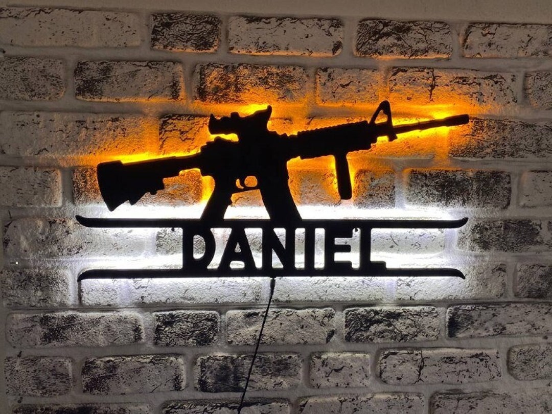 Personalızed Wooden Gun Gıft Led Sign , Men Custom Personalısed Gun Led ...