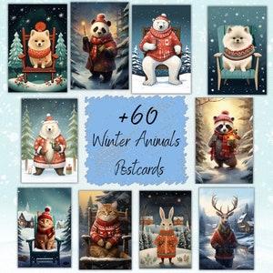Winter-Tiere Postkarten, druckbare Fantasy-Postkarte digitaler Download, Weihnachts-Tiere Postkarten Furry Art Postkarte, druckbare Weihnachtskarte