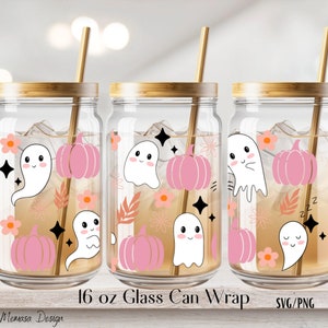 Ghost Libbey Glass Svg, 16oz Glass Can Wrap,Western Ghost,Boho Ghost Glass Can Svg, Libbey Glass 16oz Wrap, Retro Halloween Can Glass Svg