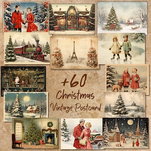 Vintage Weihnachtspostkarten, +60 druckbare Winter-Postkarten Digitaler Download, 80er Jahre Stil-Postkarten-Blätter, Vintage Weihnachtsgrußkarten Set