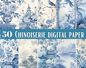Chinoiserie life digital paper, blue Chinese wallpaper, ceramic background, asian oriental pattern, french paper, Commercial Use