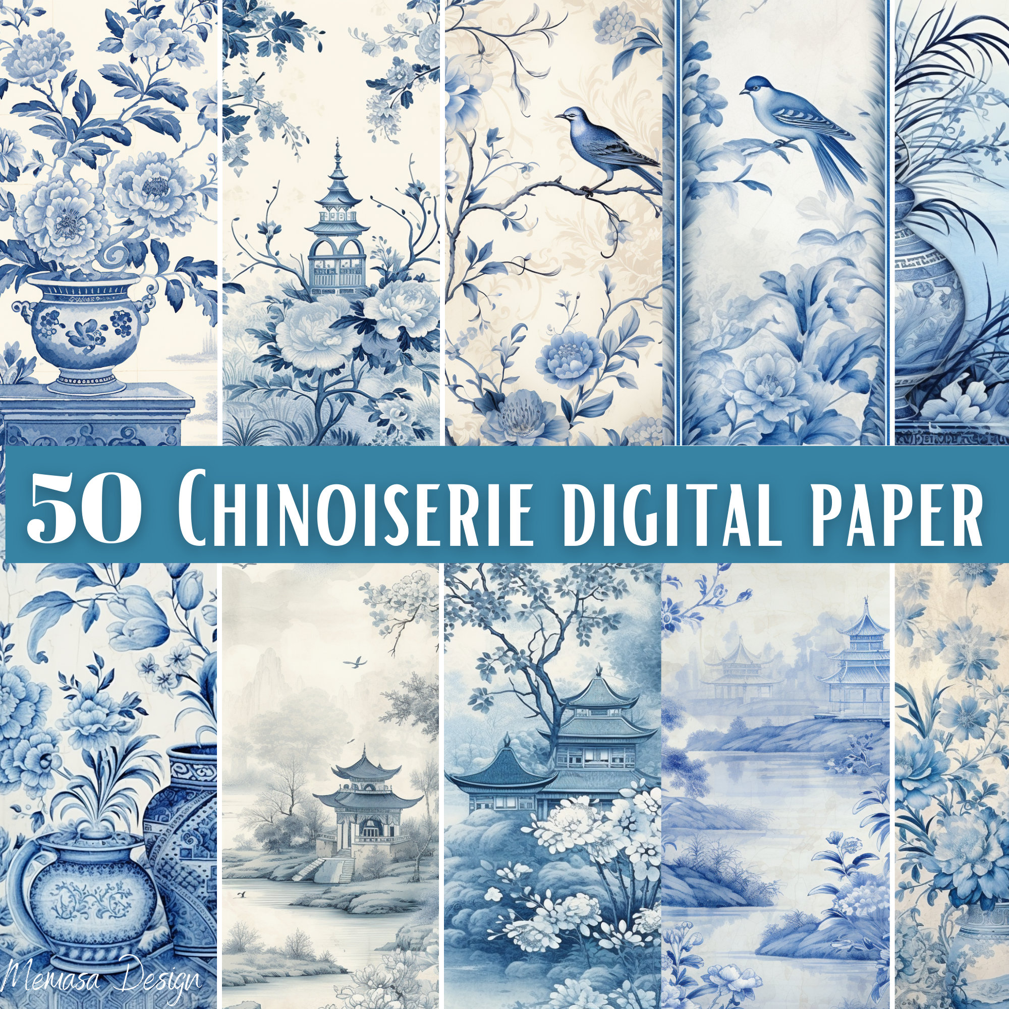 Chinoiserie Life Digital Paper, Blue Chinese Wallpaper, Ceramic