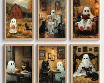 Halloween Art Print, Ghost and cat Art Print, Halloween Decor, Spooky Vintage Halloween, Printable Wall Art, Digital Download