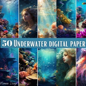 Printable Enchanted Underwater Digital Paper, Under the Sea Background, Mermaid, seashells , Download Junk Journal, Scrapbooking