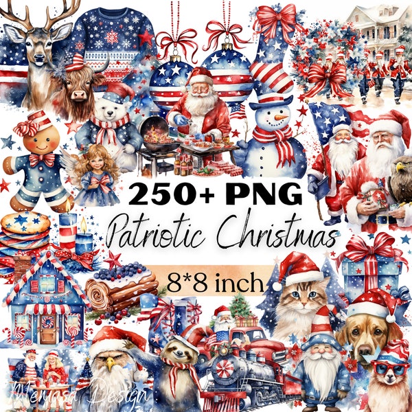 Patriotic Christmas Watercolor Clipart, Christmas Wreath, Printable Christmas Sublimation Design, American Christmas PNG, Xmas Junk Journal