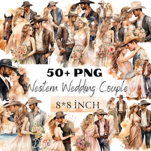 Western Braut und Bräutigam Hochzeit Clipart, Western Hochzeit Paar, Aquarell Hochzeit romantische Clipart, Scrapbook, Junk Journal, Papier Handwerk