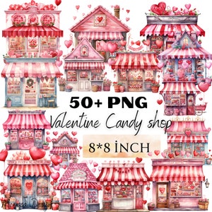 Valentine Candy Shop Clipart. Pink & Red Valentine Sweet Shop PNG, Watercolor Set,Transparent Background,Commercial Use