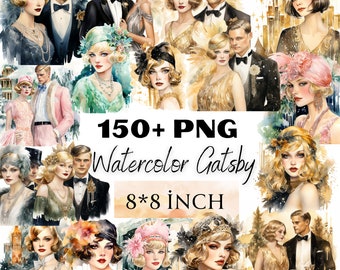 Gatsby watercolor Clipart Graphics Bundle PNG Scrapbooking Gatsby Junk Journal Clipart 1920s Party Gatsby Clipart Flapper,Commercial Use