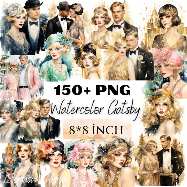 Gatsby watercolor Clipart Graphics Bundle PNG Scrapbooking Gatsby Junk Journal Clipart 1920s Party Gatsby Clipart Flapper,Commercial Use