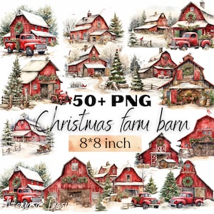 Land rode schuur kerstboom clipart aquarel digitale papier bundel vakantie dagboek pagina's ambachtelijke plakboek feestelijk, commercieel gebruik