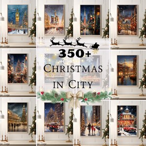 Conjunto de impressão vintage de Natal na cidade, parede da galeria de inverno na cidade, impressões de Natal na cidade, decoração de parede de inverno com neve, arte de parede para impressão de Natal