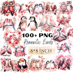 Pacote de clipart em aquarela de pássaros do Dia dos Namorados, imagens românticas de pássaros, gráficos de amor, download digital instantâneo, uso comercial