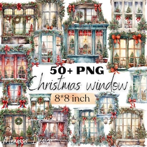 Christmas Windows Watercolor Clipart Bundle,Festive Window Images, Holiday Cozy Graphics, Instant Digital Download