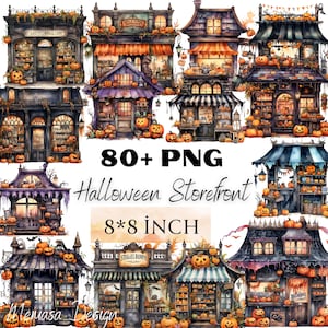 Halloween Storefronts Watercolor Clipart Bundle, PNG Spooky Store Images, Witch Shop Graphics, Instant Digital Download