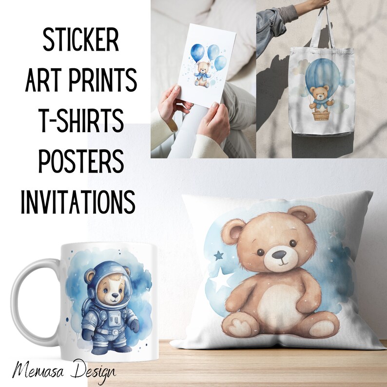Watercolor Teddy Bear Clipart Bundle Baby Shower for a Boy Baby Blue ...