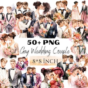 ゲイカップルの結婚式のクリップアート、ゲイの結婚式のカップル、水彩画のクリップアート、ロマンチックな結婚式のクリップアート、スクラップブック、ジャンクジャーナル、ペーパークラフト