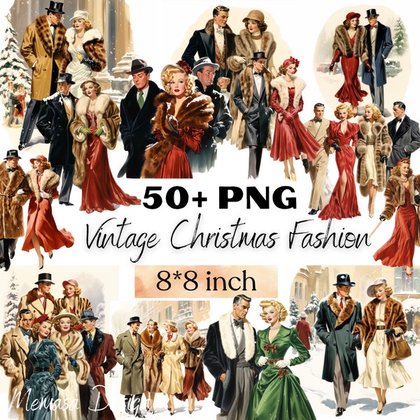 Watercolor Vintage Christmas Fashion Clipart, Retro Holiday Graphics, Festive Bundle, Sublimation Png, Fashion Women, Fashion Men Clipart