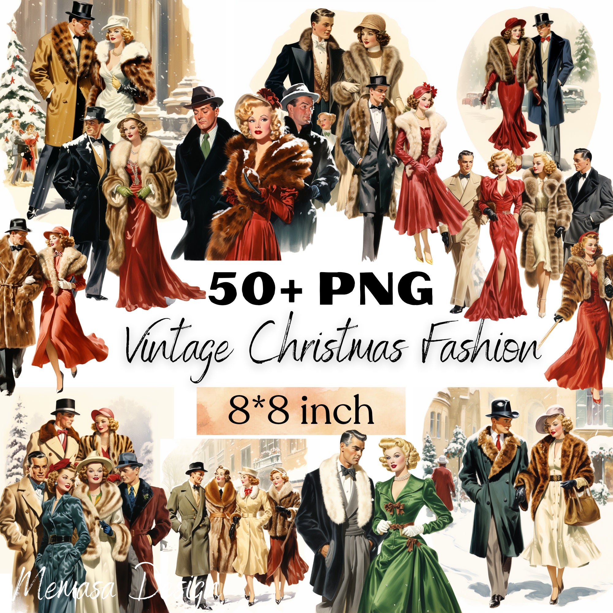 Watercolor Vintage Christmas Fashion Clipart, Retro Holiday Graphics,  Festive Bundle, Sublimation Png, Fashion Women, Fashion Men Clipart, image size:2000x2000