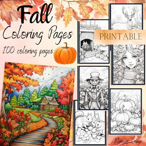 100 Fall Bundle Coloring Book, Thanksgiving  Coloring pages, Printable Fall Pumpkin Scenes, Coloring Book for Adults, Commercial Use
