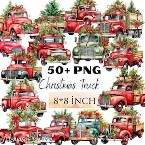 Watercolor Christmas Truck Png, Red Truck Clipart, Vintage Truck Png, Christmas Truck Tree