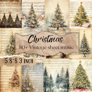 Vintage Christmas Nuty Papier Junk Journal, Kolędy, Świąteczny Wydrukowany Krajobraz Cyfrowy Zestaw Junk Journal Page