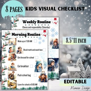 Kids visual checklist, Daily School Checklist Schedule Printable, Editable checklist, weekly kids visual checklist, weekly winter checklist