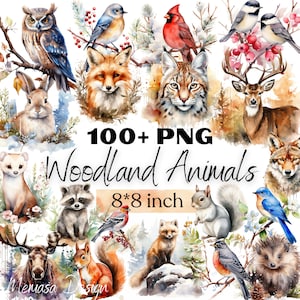 Animaux de la forêt d'hiver, mariage au pays des merveilles d'hiver à l'aquarelle, art de la forêt d'hiver, scène d'hiver Clipart, écureuil de renard de cerf de forêt d'hiver