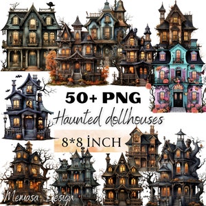 Printable Halloween Haunted Dollhouse, junk journal digital Halloween Houses Watercolor Clipart, scrapbooking, haunted house,transparent png