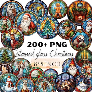 Christmas Stained Glass Watercolor Clipart Bundle, Festive Images, Holiday Art Graphics,Transparent Background, Commercial Use