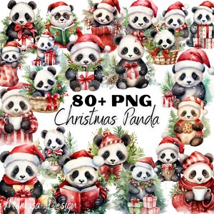 Clipart de panda de Natal em aquarela, clipart de panda bebê de Natal, download digital de panda de Natal, criação de cartões, artesanato em papel digital