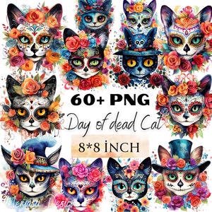 Dia de los Muertos Katze Aquarell, digitaler Download, Partydekor, Clip Art für Feiern, Sublimation PNG, Retro-T-Shirt-Design, Kartenherstellung