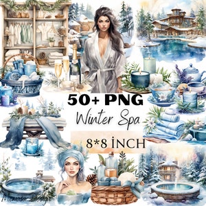 Aquarel gezellige Winter Spa clipart bundel, romantische winter Cottagecore clip art PNG, zelfzorg, ontspanning, retraite me tijd commercieel gebruik
