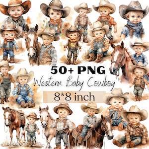 Baby Cowboy Aquarell Clipart Bundle, Transparant Baby Cowboy Clipart, Junge mit Pferd Sublimation PNG, Western Kinderzimmer Kunst, kommerzielle Nutzung